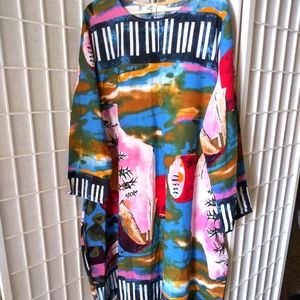 2X Kaftan Linen Dress Pockets Colorful Eyes Vibrant Cotton NWT Plus Size